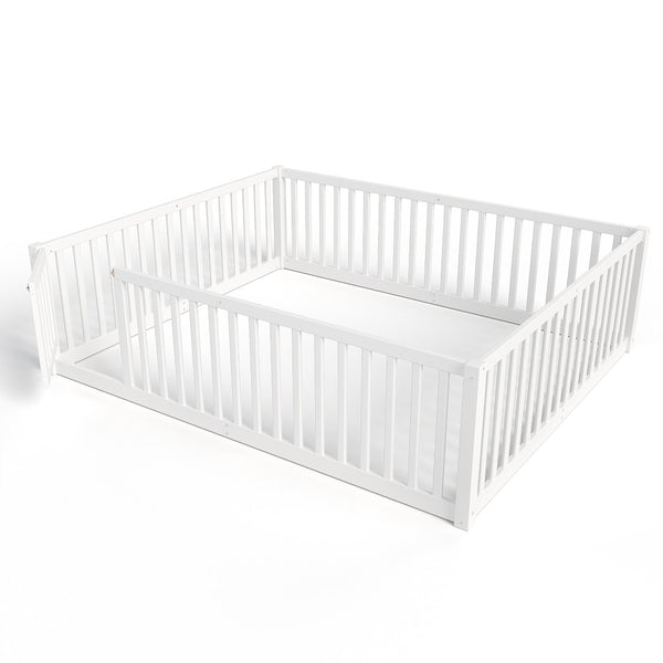 English Elm Queen Kids Floor Bed Pine Wood Frame with Safety Rails Door and Low Profile Design Light White W1580P417672