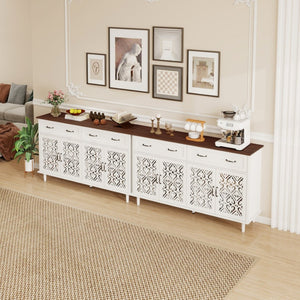 English Elm Vintage Farmhouse Sideboard with Hand-carved Doors Two-tone Distressed Wood Finish W688P360028