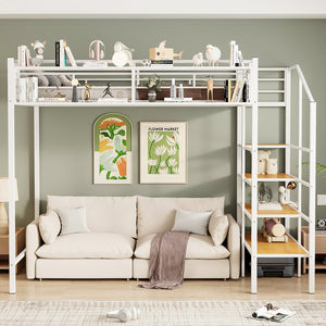 English Elm Twin Metal Loft Bed with Upper Grid Storage Shelf and 4-Layer Ladder Shelves for Space Saving White SF100081AAK