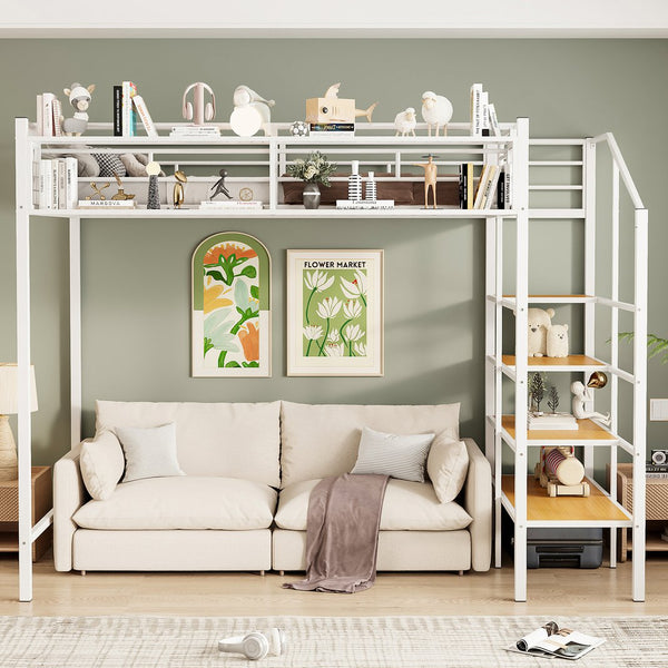 English Elm Twin Metal Loft Bed with Upper Grid Storage Shelf and 4-Layer Ladder Shelves for Space Saving White SF100081AAK