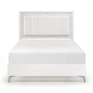 English Elm Glam Queen Bed Chenille Headboard with Led Lighting Faux Marble Chrome Legs B011S02252