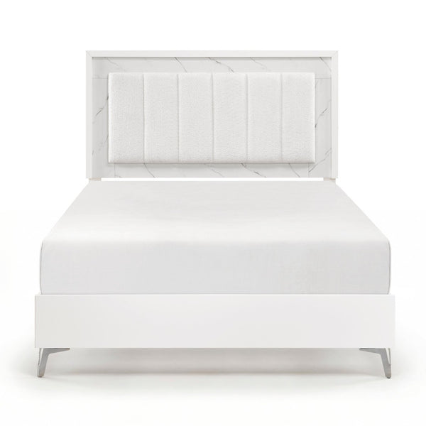 English Elm Glam Queen Bed Chenille Headboard with Led Lighting Faux Marble Chrome Legs B011S02252