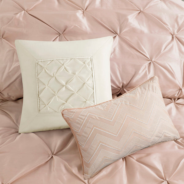 English Elm 7 Piece Tufted Comforter Set In Soft Blush For Queen Beds - Elegant Design With Decorative Pillows B03597044