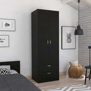 English Elm Lisboa Black Armoire with Hanging Rod, Double Doors & Two Spacious Drawers for Compact Spaces B200P188848