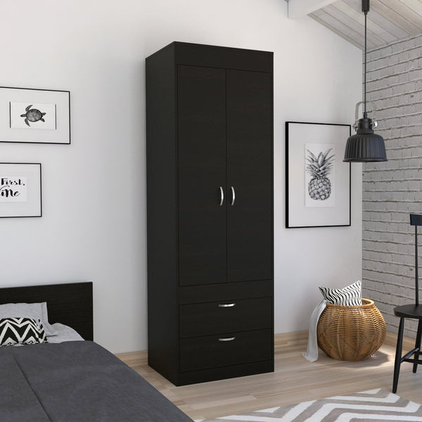 English Elm Lisboa Black Armoire with Rod, Double Doors & Two Deep Drawers for Compact Stylish Bedroom Storage B070P188848