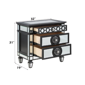 English Elm Varian Mirrored Nightstand with Crystal Knobs, Sunburst Trim & Felt-Lined Drawer — Black/Silver Finish B2726P303758