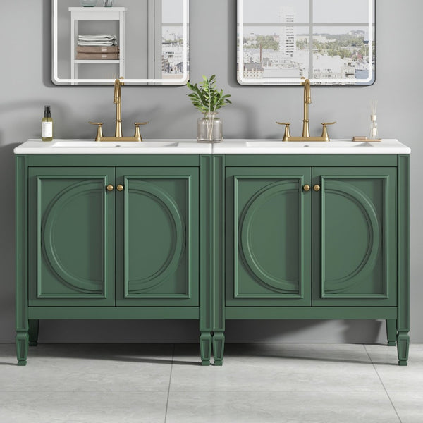 English Elm [video] 60 Inch Freestanding Double Sink Bathroom Vanity with Ceramic Basins Soft Close Storage Green N759S226000F