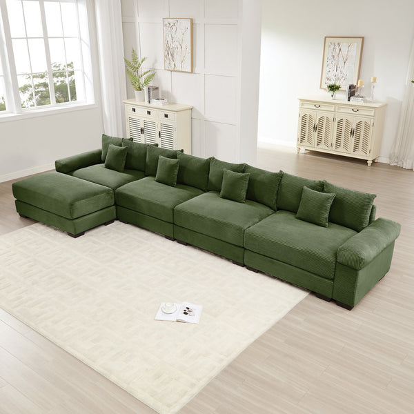 English Elm 170"Oversized Cloud Modular L-Shape Sectional Couch - Plush Corduroy, Ergonomic, 12 Pillows, Green W714S01336