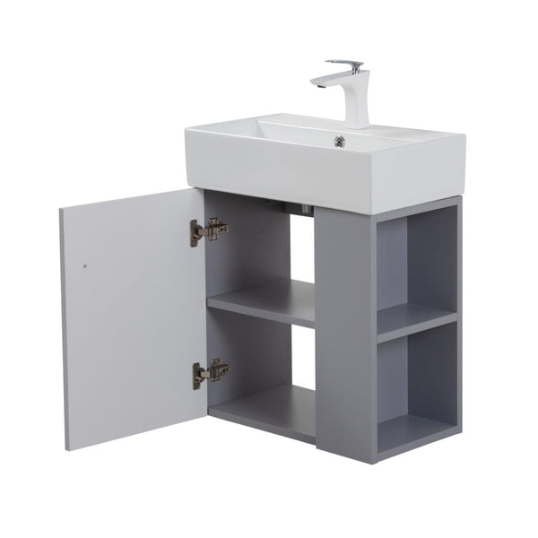English Elm 21.6" Wall Mounted Matte Grey Vanity Base with Open Shelf and Gold Accent Hardware W1920P446811