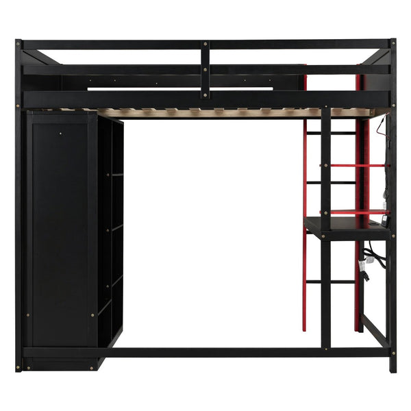 English Elm Full Size Gaming Loft Bed with Rgb Lighting Integrated Desk and Open Wardrobe N820S00073J
