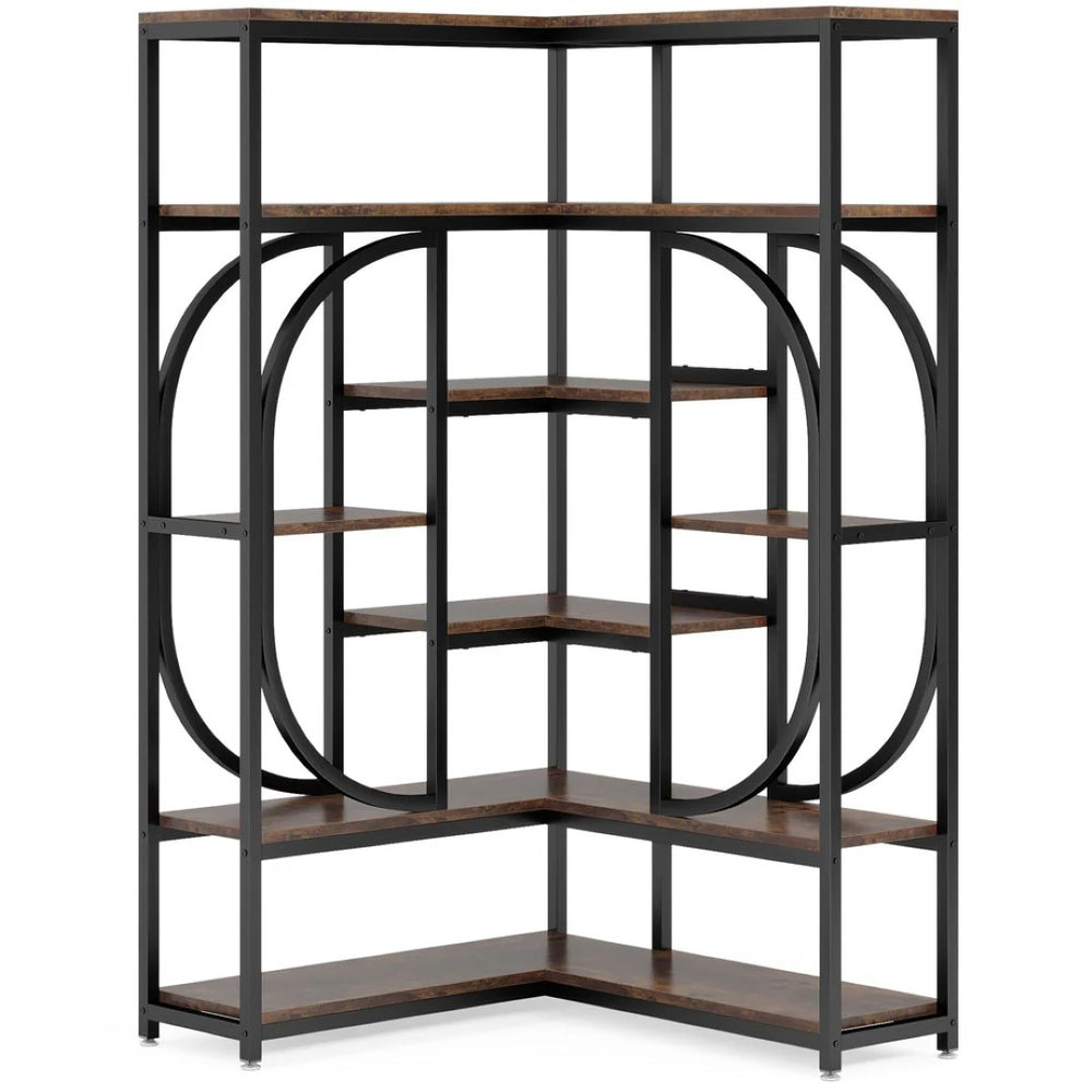 English Elm Industrial Corner Bookshelf Seven Tier L Shaped Metal Frame Wood Toned Home Office T3971P456159