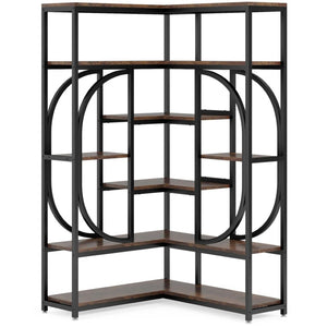 English Elm Industrial Corner Bookshelf Seven Tier L Shaped Metal Frame Wood Toned Home Office T3971P456159