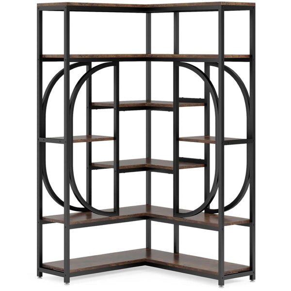 English Elm Industrial Corner Bookshelf Seven Tier L Shaped Metal Frame Wood Toned Home Office T3971P456159
