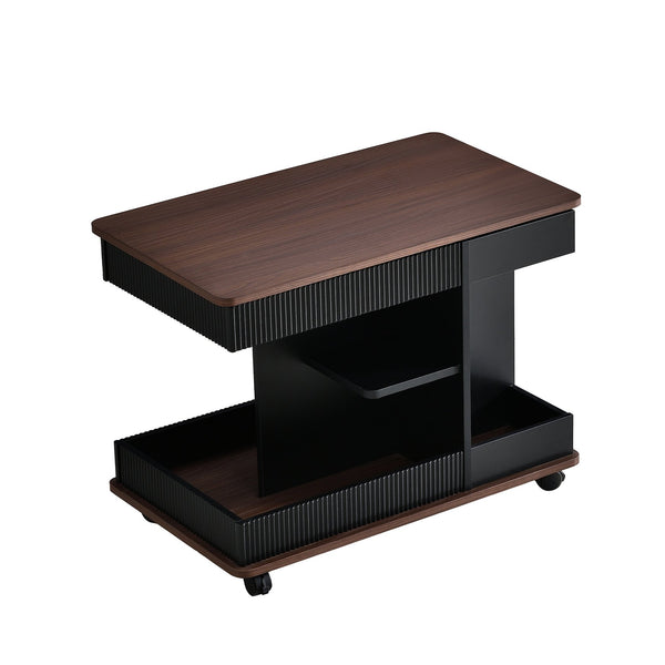 English Elm U-Can Modern Adjustable End Table with 360° Rotating Lift-Top, Lockable Wheels and Storage Space Black+Brown N724P292505B