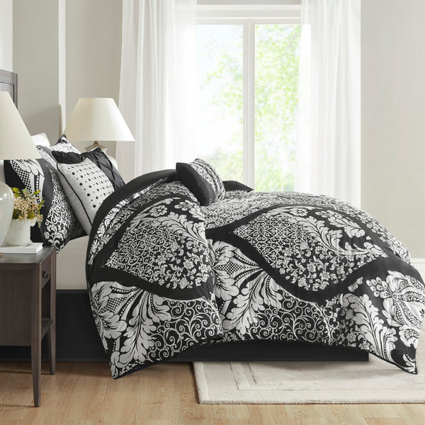 English Elm 7 Piece Cotton Comforter Set - Elegant Black Queen Collection With Damask Design & Luxury Accents B03597261