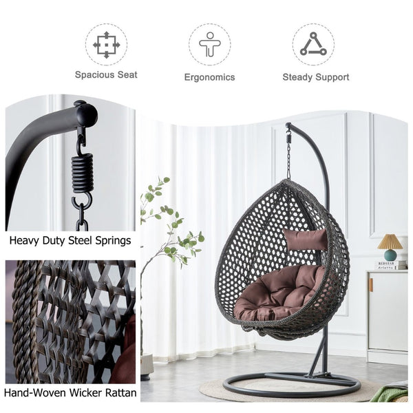 English Elm 76.8-inch Hand Woven Rattan Egg Swing Chair Indoor Outdoor with Cushion Lumbar Pillow Black W1512P498596