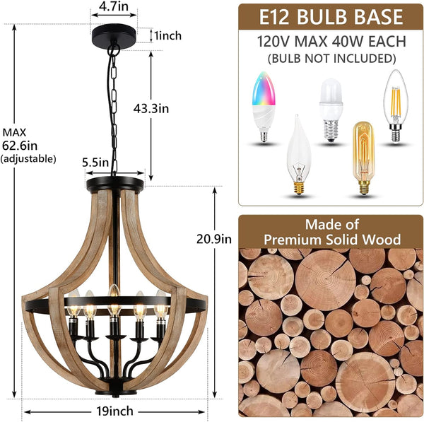 English Elm 19" Farmhouse 5-Light Wood Chandelier, Height Adjustable Pendant or Flush Mount, Rustic Brown Elegance W2738P185399