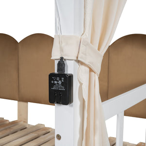 English Elm Twin Pinewood Ground-Level Canopy Bed with Arched Roof and Trundle for Kids—Whimsical, Sturdy Design White N820P181648K