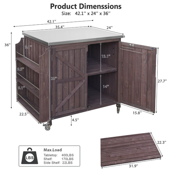 English Elm K&k Rolling Outdoor Kitchen Island Solid Fir Wood Stainless Steel Top Storage Cabinet Dark Brown N707P370287Z