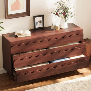 English Elm 60" Wave Front Six Drawer Dresser Sculptural Engineered Wood Media Console for Bedroom Walnut N739S0000011D