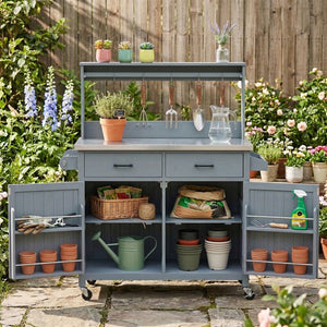 English Elm K&k Solid Fir Grill Cart Stainless Steel Top Outdoor Kitchen Station with Locking Wheels Grey+Blue N707P409087G