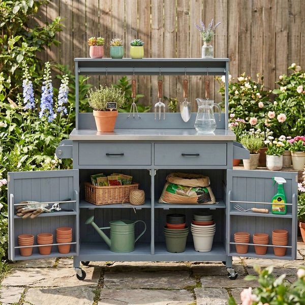 English Elm K&k Solid Fir Grill Cart Stainless Steel Top Outdoor Kitchen Station with Locking Wheels Grey+Blue N707P409087G
