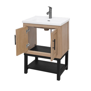 English Elm 24" Bathroom Vanity with Smooth White Ceramic Sink, Durable Metal Hinges, Adjustable Feet, Sleek Faucet & Open Iron Shelf Natural W688P224403