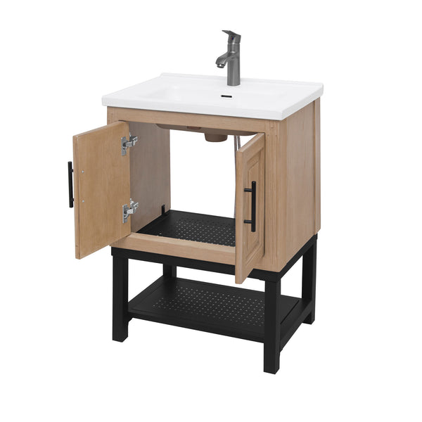 English Elm 24" Bathroom Vanity with Smooth White Ceramic Sink, Durable Metal Hinges, Adjustable Feet, Sleek Faucet & Open Iron Shelf Natural W688P224403