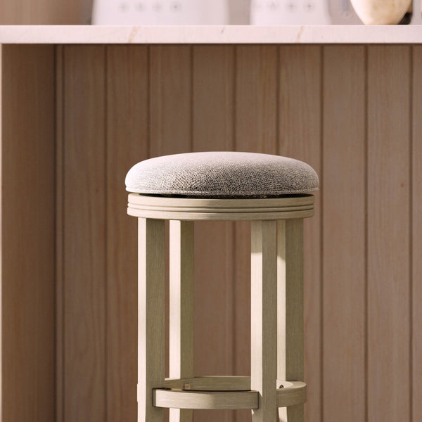 English Elm 31in. Backless Swivel Barstool Solid Wood Curved Legs Upholstered Seat Bar Kitchen Grey+Ivory B2751P436423