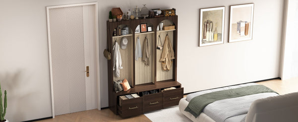 English Elm Farmhouse Hall Tree with Arched Panels Bench Drawers and Hooks for Mudroom Entryway Walnut W5271S00006