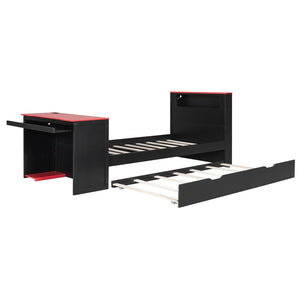 English Elm Twin Wood Gaming Daybed with Trundle Built-in Desk Rgb Lighting and Usb Port Black+Red LT000283AAR