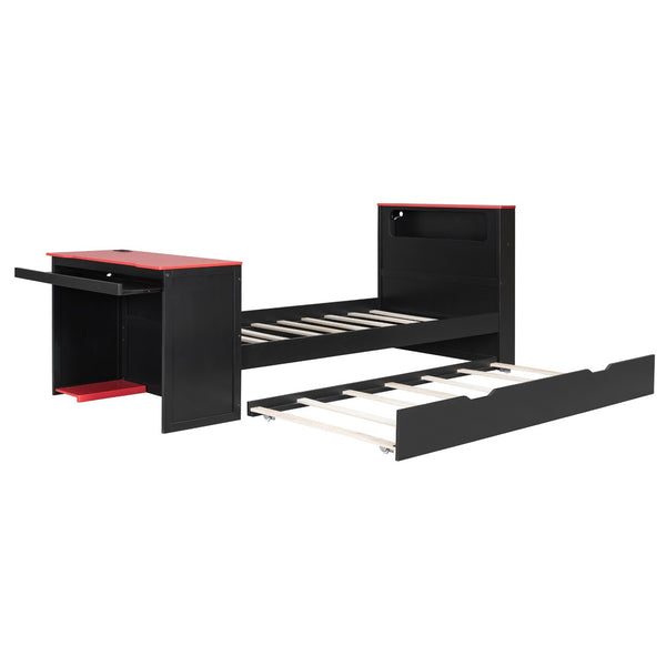 English Elm Twin Wood Gaming Daybed with Trundle Built-in Desk Rgb Lighting and Usb Port Black+Red LT000283AAR