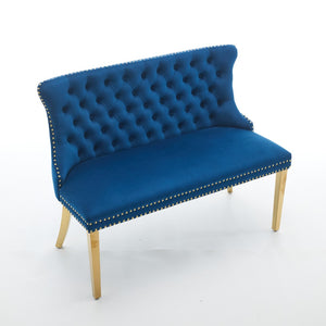 English Elm Velvet Wingback Dining Bench Tufted Two Seat Mid Century Modern Brushed Steel Base Blue W1143P406979