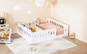 English Elm Wood Full Size Kids Platform Bed Solid Pine Guardrail Low Profile Safe Sleep Frame White N709P321458K