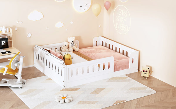 English Elm Wood Full Size Kids Platform Bed Solid Pine Guardrail Low Profile Safe Sleep Frame White N709P321458K