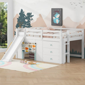 English Elm Full Size Low Loft Bed With Fun Slide, Ample Storage Drawers, And Sturdy Pine Construction - White N7090005003K