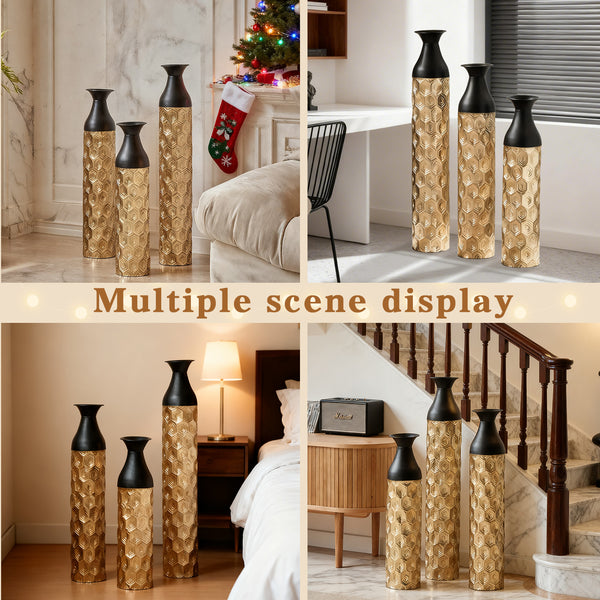 English Elm Floor Metal Vases Set Of 3 - Elegant White And Gold Decor For Modern Home Interiors, 24.8-33.8In W2796P234276