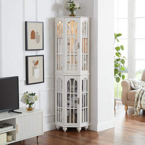 English Elm Corner Curio Cabinet with 6 Shelves, Tempered Glass Display, Built-In Lighting, Mirrored Back White W1693P216951