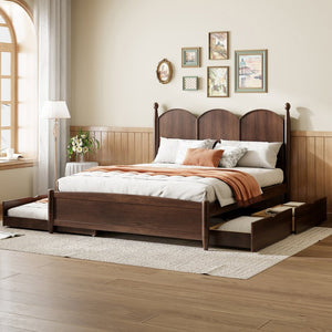English Elm Queen Size Platform Bed With Twin Xl Trundle & 2 Spacious Drawers - Elegant Walnut Design Upgrade N820S00025D-GIGA