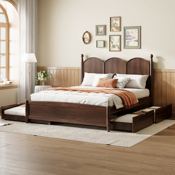 English Elm Queen Size Platform Bed With Twin Xl Trundle & 2 Spacious Drawers - Elegant Walnut Design Upgrade N820S00025D-GIGA