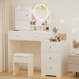 English Elm Fashion Vanity Desk With Adjustable Led Mirror, Cushioned Chair & Ample Storage For Effortless Beauty W2699P214617