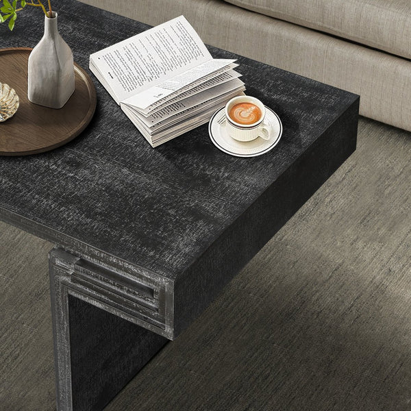 English Elm American Vintage Industrial Coffee Table with Reclaimed Wood Texture, Dual-Tier Staggered Shelves for Living Room Stylish Storage and Durable Matte Finish Antique Black W1445P287875