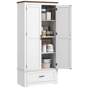English Elm HOMCOM 67" Freestanding Kitchen Pantry Cabinet with 4 Doors, 6-Tier Adjustable Shelves, Rustic Charm Cream White W2225P249924