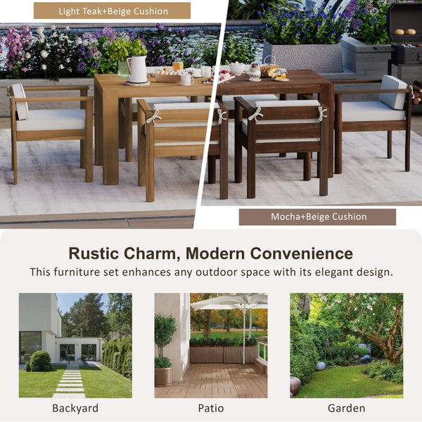 English Elm Trexm Acacia Wood Outdoor Dining Set Seats Six with Washable Cushions Umbrella Ready Beige,Light Teak TM000022AAD