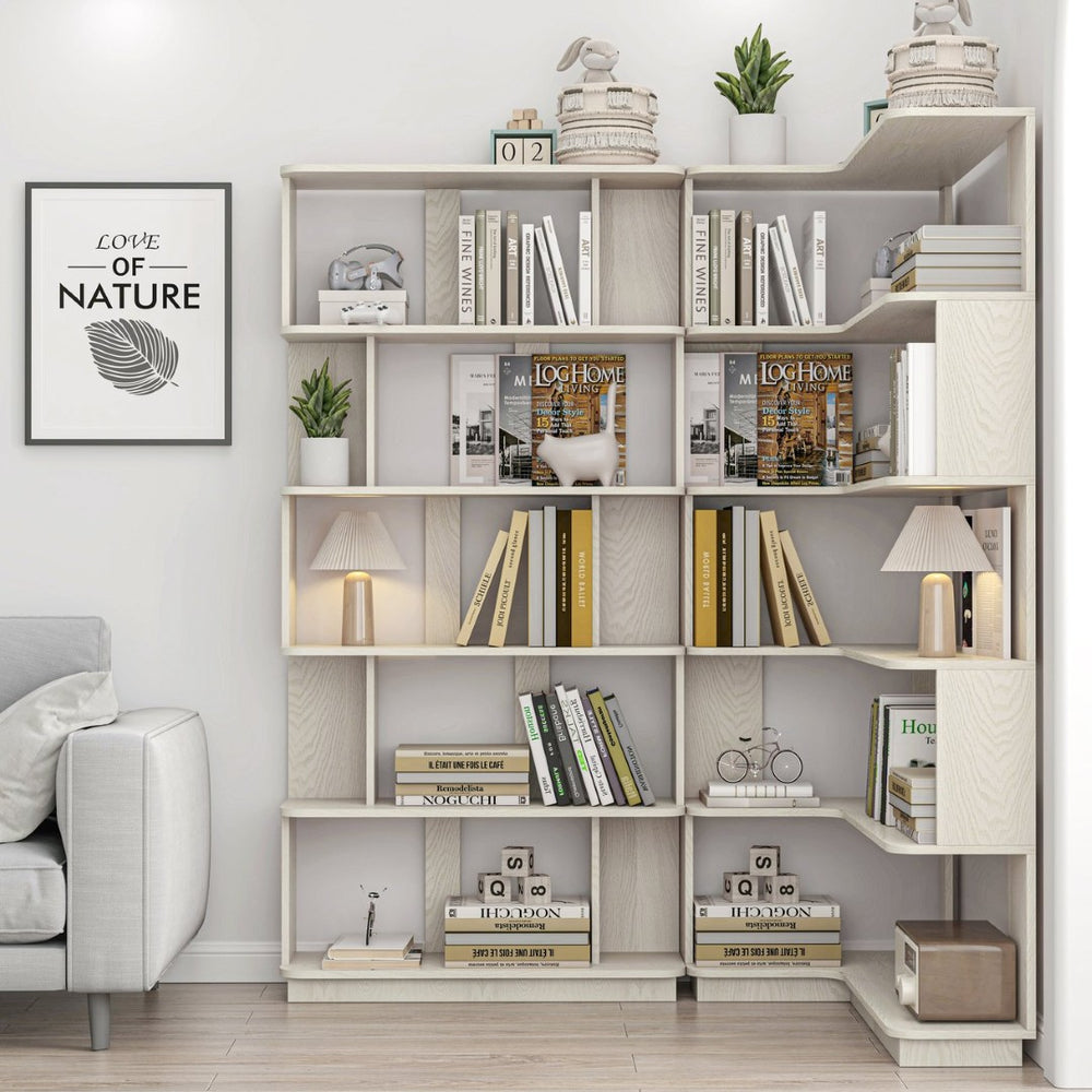 English Elm 90 Cm Modular Corner Bookcase Set Two Piece White Oak Shelving for Home Office W2899S00008