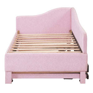 English Elm Twin L-shaped Linen Upholstered Daybed with Hydraulic Pop-up Trundle for Guest Rooms Pink SF000193AAH-1
