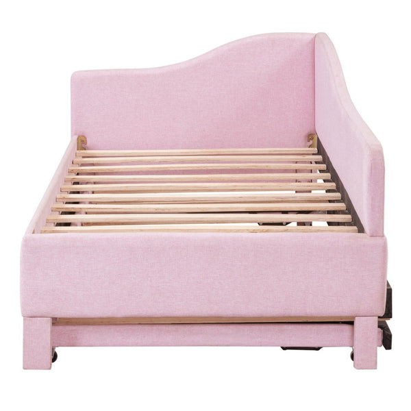 English Elm Twin L-shaped Linen Upholstered Daybed with Hydraulic Pop-up Trundle for Guest Rooms Pink SF000193AAH-1