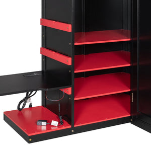 English Elm Full Size Loft Bed with Rgb Lighting Usb Charging Desk Wardrobe and Storage Shelves Red LT000387AAJ