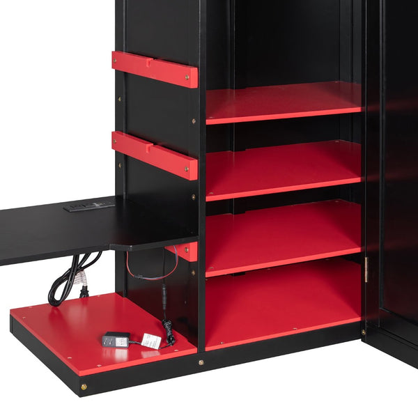 English Elm Full Size Loft Bed with Rgb Lighting Usb Charging Desk Wardrobe and Storage Shelves Red LT000387AAJ