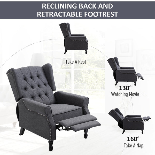 English Elm HOMCOM Vintage Tufted Wingback Recliner Chair with Retractable Footrest, Linen Upholstery, Grey - Adjustable Comfort and Solid Frame W2225P217220